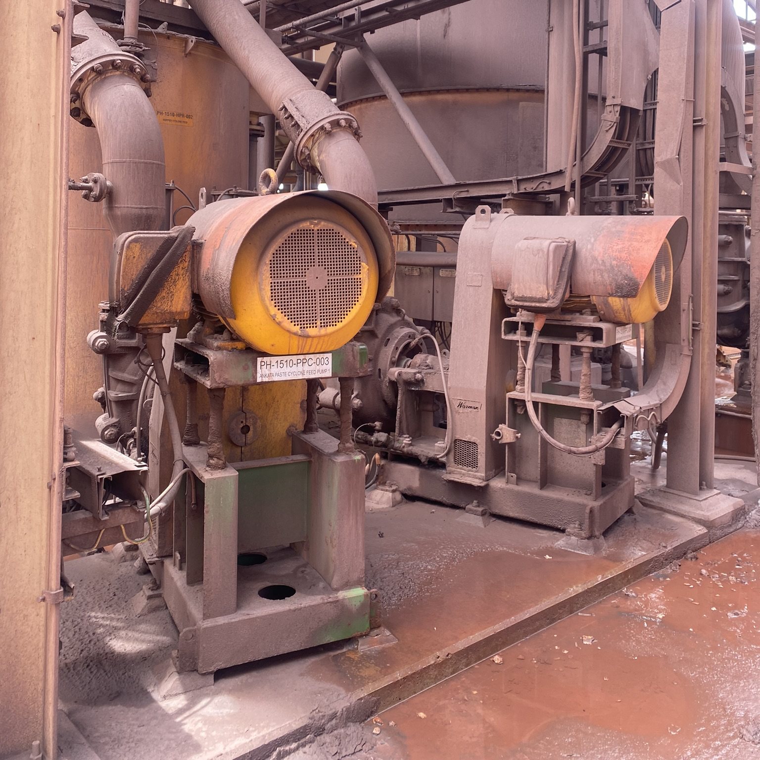 Two slurry pumps in service at a minerals processing plant